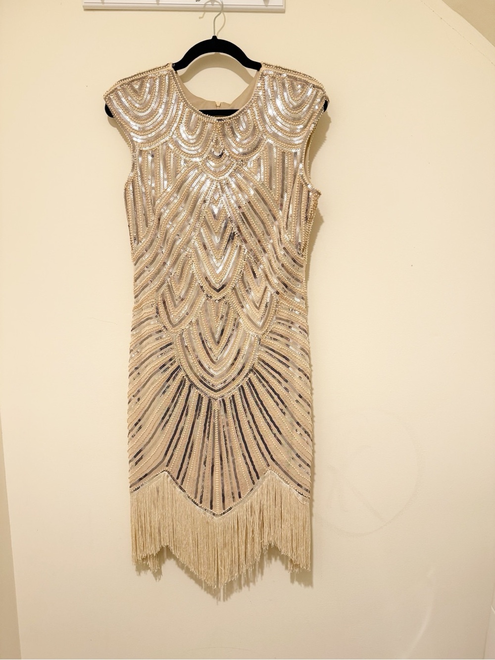 Gatsby Fringe Beaded Mini Dress in Cream and Silver